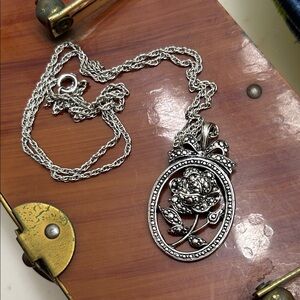 1980’s Vintage Silver Floral Rose Marcasite Pendant Necklace